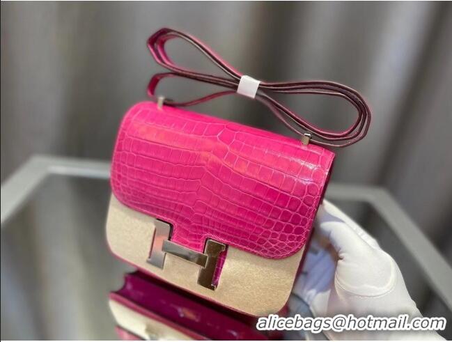 Inexpensive Hermes Constance 18cm Bag in Original Shiny Nile Crocodile Leather H4064 Fuchsia (Pure Handmade)