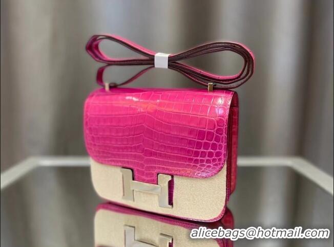 Inexpensive Hermes Constance 18cm Bag in Original Shiny Nile Crocodile Leather H4064 Fuchsia (Pure Handmade)