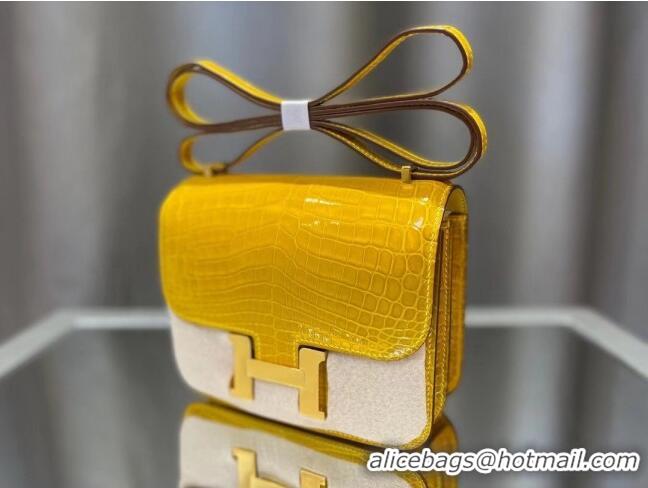 Top Quality Hermes Constance 18cm Bag in Original Shiny Nile Crocodile Leather H4064 Amber Yellow (Pure Handmade)