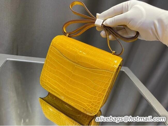 Top Quality Hermes Constance 18cm Bag in Original Shiny Nile Crocodile Leather H4064 Amber Yellow (Pure Handmade)