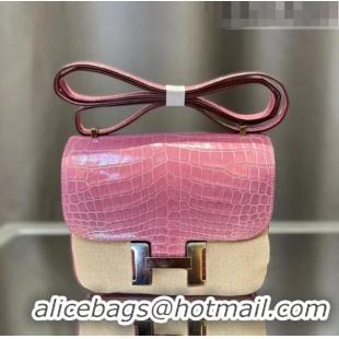 Best Quality Hermes Constance 18cm Bag in Original Shiny Nile Crocodile Leather H4064 Pink (Pure Handmade)