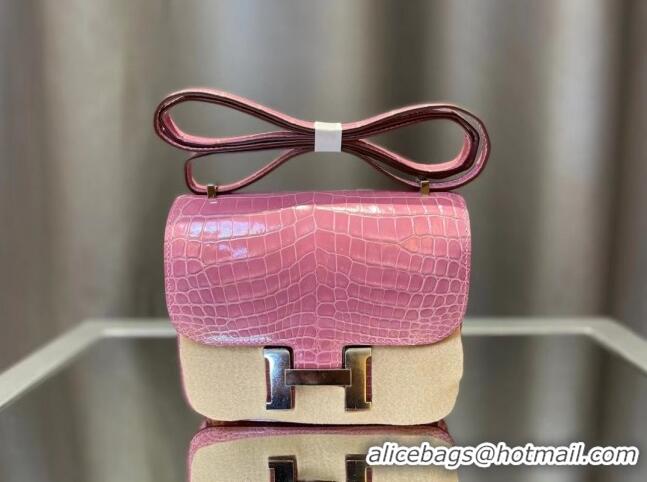 Best Quality Hermes Constance 18cm Bag in Original Shiny Nile Crocodile Leather H4064 Pink (Pure Handmade)