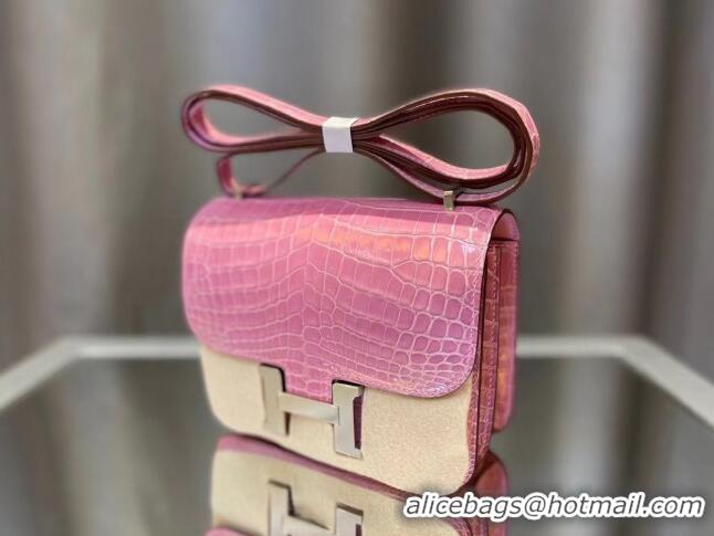 Best Quality Hermes Constance 18cm Bag in Original Shiny Nile Crocodile Leather H4064 Pink (Pure Handmade)