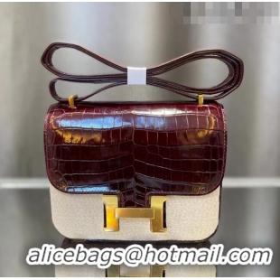 New Fashion Hermes Constance 18cm Bag in Original Shiny Nile Crocodile Leather H4064 Burgundy (Pure Handmade)