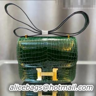 Super Quality Hermes Constance 18cm Bag in Original Shiny Nile Crocodile Leather H4064 Green (Pure Handmade)