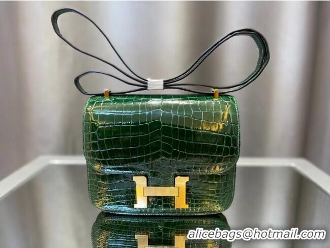 Super Quality Hermes Constance 18cm Bag in Original Shiny Nile Crocodile Leather H4064 Green (Pure Handmade)