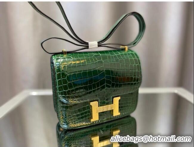 Super Quality Hermes Constance 18cm Bag in Original Shiny Nile Crocodile Leather H4064 Green (Pure Handmade)