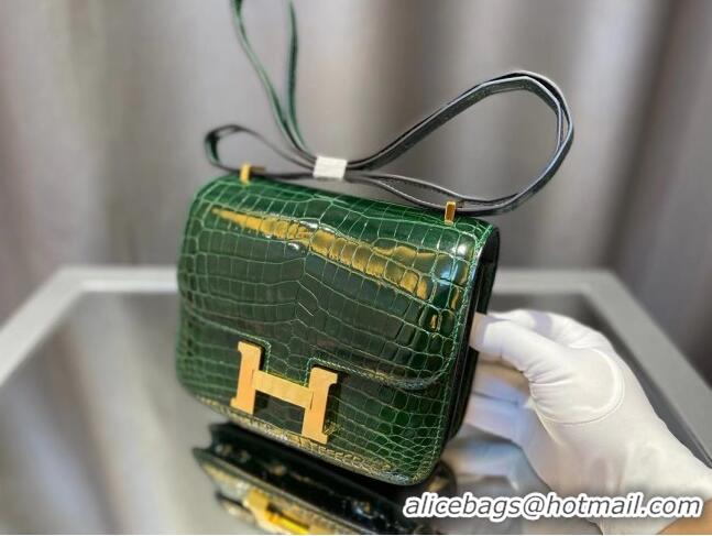 Super Quality Hermes Constance 18cm Bag in Original Shiny Nile Crocodile Leather H4064 Green (Pure Handmade)