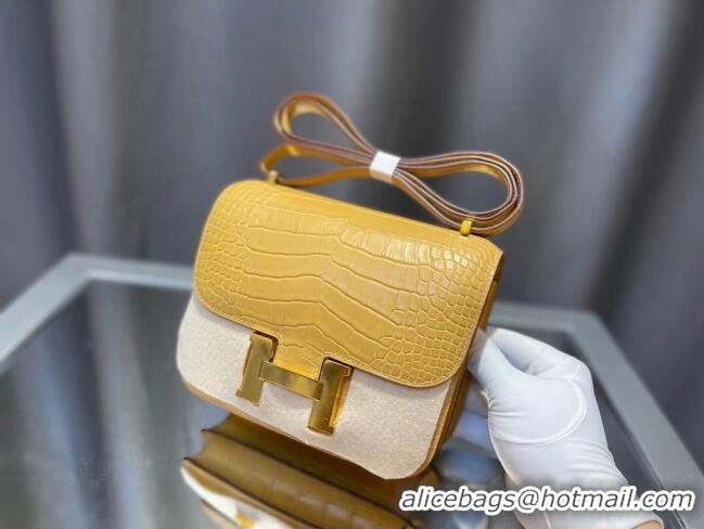 Famous Brand Hermes Constance 18cm Bag in Original Matte Nile Crocodile Leather H4064 Yellow (Pure Handmade)