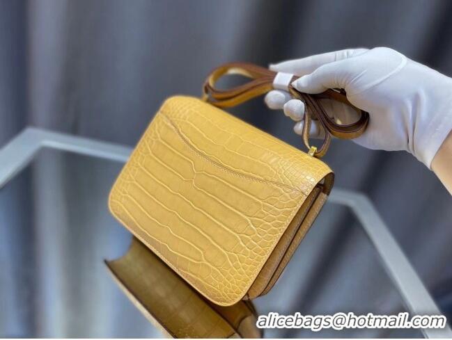 Famous Brand Hermes Constance 18cm Bag in Original Matte Nile Crocodile Leather H4064 Yellow (Pure Handmade)