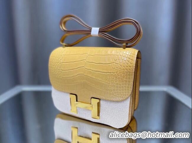 Famous Brand Hermes Constance 18cm Bag in Original Matte Nile Crocodile Leather H4064 Yellow (Pure Handmade)