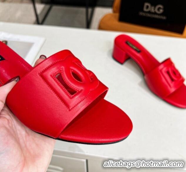 Low Cost Dolce&Gabbana Cutout DG Calfskin Heel Slide Sandals 5cm Red 122710