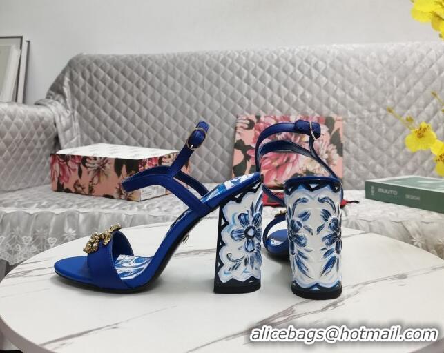 Good Quality Dolce&Gabbana Printed Calfskin High Heel Sandals 11cm with DG Charm Blue 222136