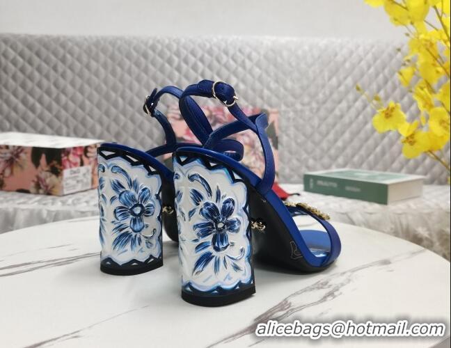 Good Quality Dolce&Gabbana Printed Calfskin High Heel Sandals 11cm with DG Charm Blue 222136