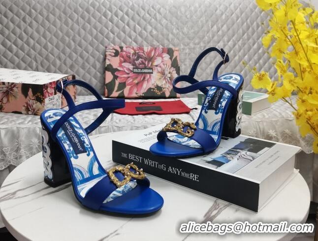 Good Quality Dolce&Gabbana Printed Calfskin High Heel Sandals 11cm with DG Charm Blue 222136