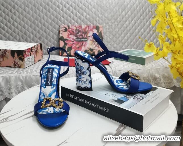 Good Quality Dolce&Gabbana Printed Calfskin High Heel Sandals 11cm with DG Charm Blue 222136