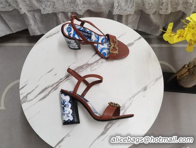 Grade Quality Dolce&Gabbana Printed Calfskin High Heel Sandals 11cm with DG Charm Brown 222137