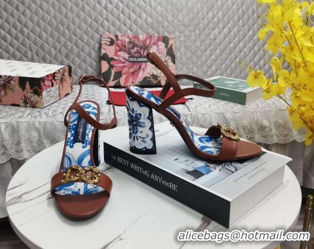 Grade Quality Dolce&Gabbana Printed Calfskin High Heel Sandals 11cm with DG Charm Brown 222137