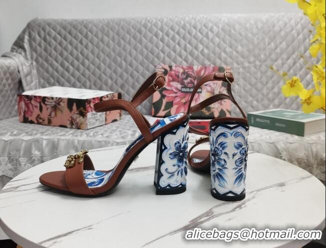 Grade Quality Dolce&Gabbana Printed Calfskin High Heel Sandals 11cm with DG Charm Brown 222137