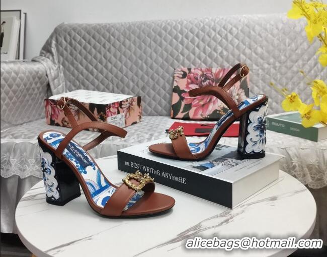 Grade Quality Dolce&Gabbana Printed Calfskin High Heel Sandals 11cm with DG Charm Brown 222137