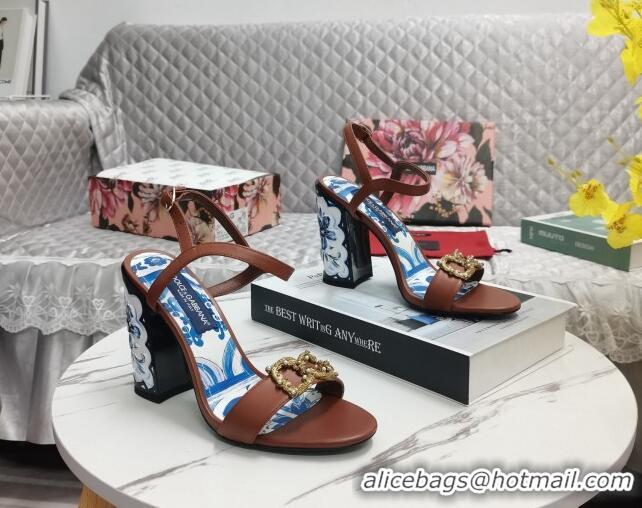 Grade Quality Dolce&Gabbana Printed Calfskin High Heel Sandals 11cm with DG Charm Brown 222137