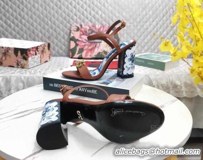 Grade Quality Dolce&Gabbana Printed Calfskin High Heel Sandals 11cm with DG Charm Brown 222137