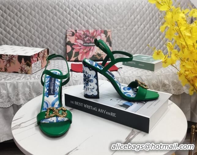 Good Looking Dolce&Gabbana Printed Calfskin High Heel Sandals 11cm with DG Charm Green 222138