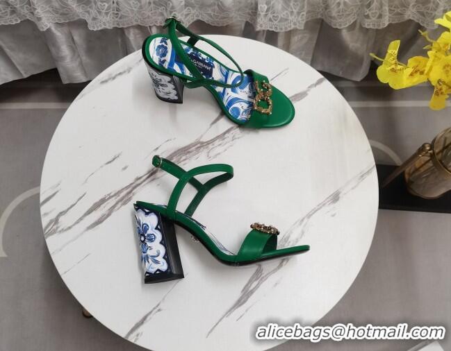 Good Looking Dolce&Gabbana Printed Calfskin High Heel Sandals 11cm with DG Charm Green 222138