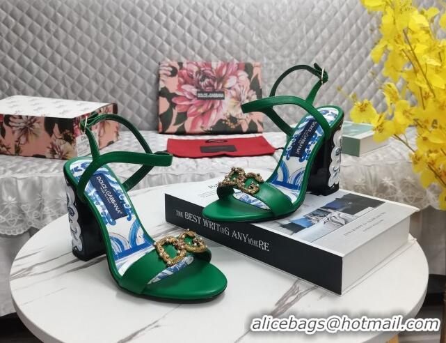 Good Looking Dolce&Gabbana Printed Calfskin High Heel Sandals 11cm with DG Charm Green 222138