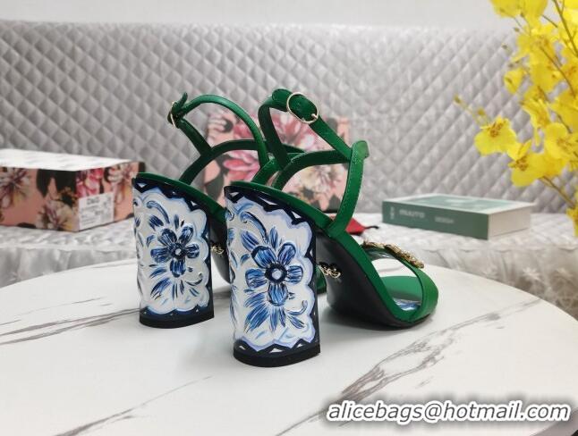 Good Looking Dolce&Gabbana Printed Calfskin High Heel Sandals 11cm with DG Charm Green 222138