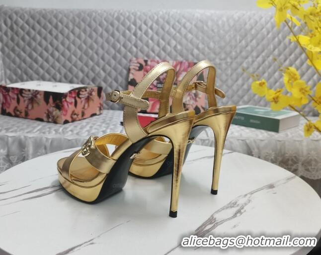 Good Product Dolce&Gabbana DG Calfskin High Heel Platform Sandals 12cm Gold 222139