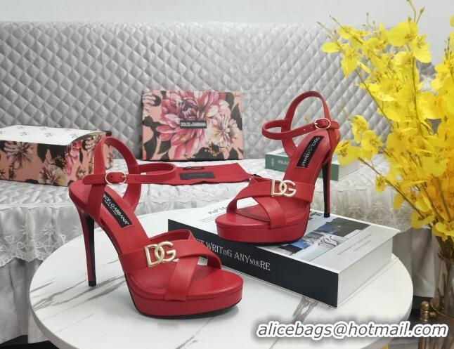 Pretty Style Dolce&Gabbana DG Calfskin High Heel Platform Sandals 12cm Red 222144