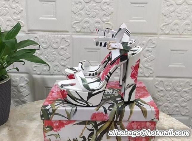 Charming Dolce & Gabbana DG Printed Calfskin High Heel Platform Sandals 15cm White 325050