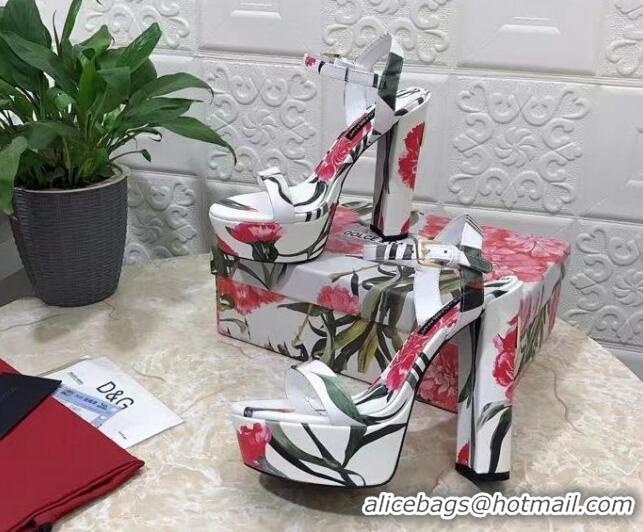 Charming Dolce & Gabbana DG Printed Calfskin High Heel Platform Sandals 15cm White 325050