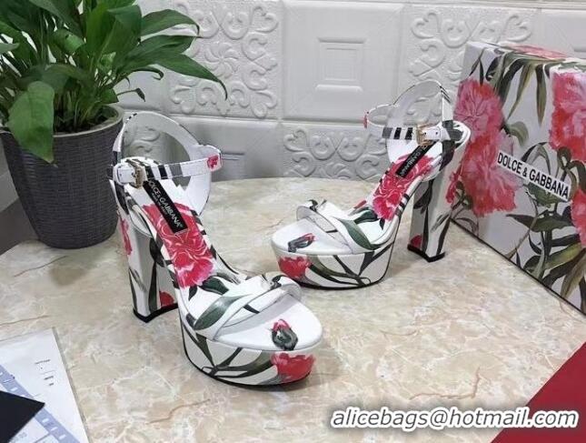 Charming Dolce & Gabbana DG Printed Calfskin High Heel Platform Sandals 15cm White 325050