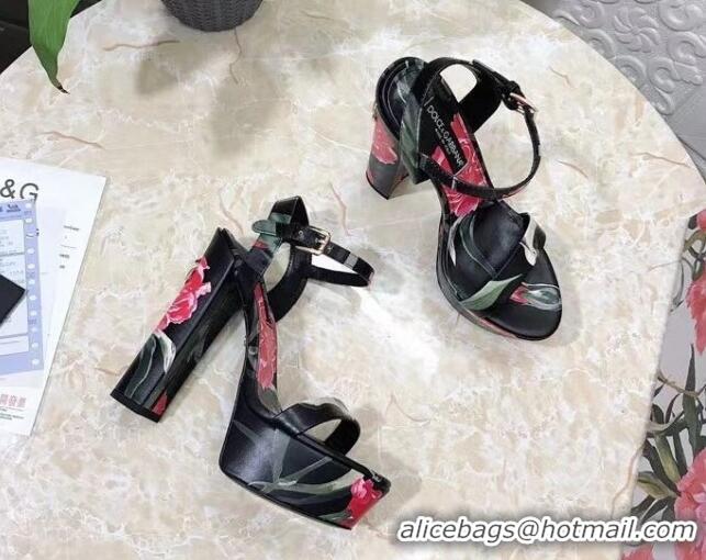 Pretty Style Dolce & Gabbana DG Printed Calfskin High Heel Platform Sandals 15cm Black 325051