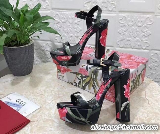 Pretty Style Dolce & Gabbana DG Printed Calfskin High Heel Platform Sandals 15cm Black 325051