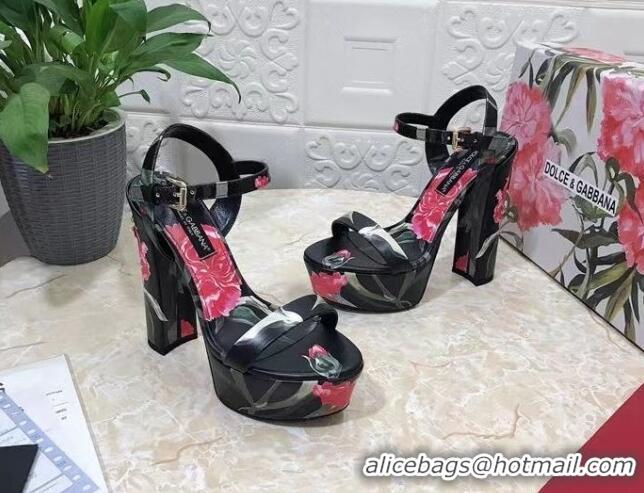 Pretty Style Dolce & Gabbana DG Printed Calfskin High Heel Platform Sandals 15cm Black 325051