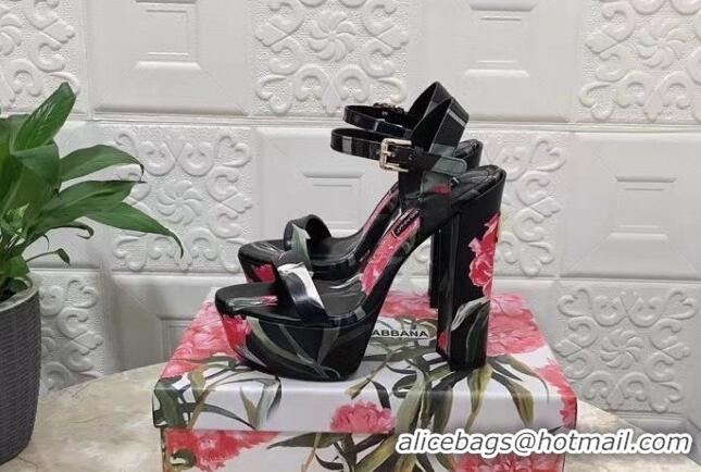 Pretty Style Dolce & Gabbana DG Printed Calfskin High Heel Platform Sandals 15cm Black 325051