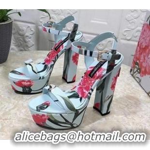 Classic Hot Dolce & Gabbana DG Printed Calfskin High Heel Platform Sandals 15cm Light Blue 325053