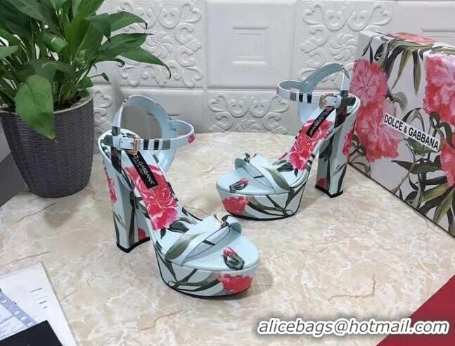 Classic Hot Dolce & Gabbana DG Printed Calfskin High Heel Platform Sandals 15cm Light Blue 325053