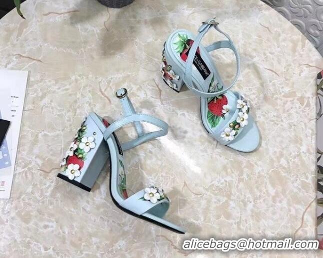 Unique Style Dolce & Gabbana High Heel Sandals 10.5cm in Printed Calfskin with Bloom Charm Light Blue 401013