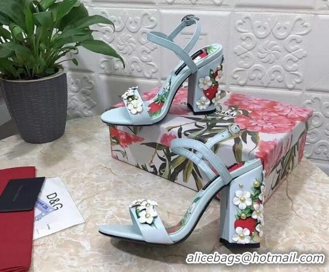 Unique Style Dolce & Gabbana High Heel Sandals 10.5cm in Printed Calfskin with Bloom Charm Light Blue 401013