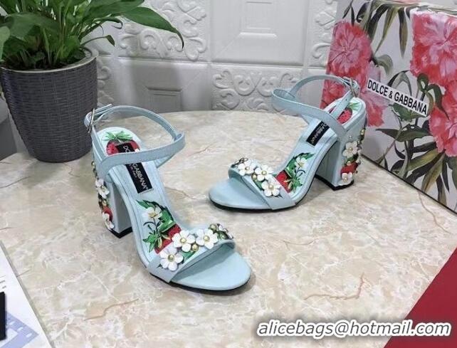 Unique Style Dolce & Gabbana High Heel Sandals 10.5cm in Printed Calfskin with Bloom Charm Light Blue 401013