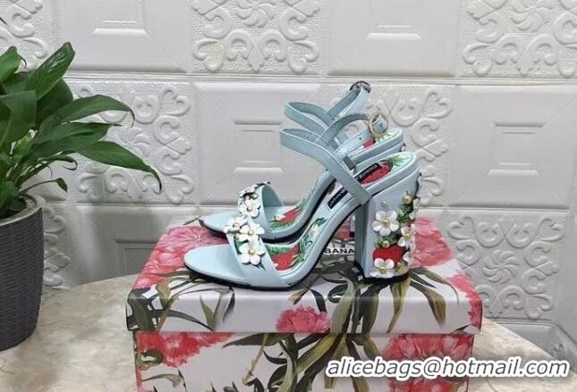 Unique Style Dolce & Gabbana High Heel Sandals 10.5cm in Printed Calfskin with Bloom Charm Light Blue 401013