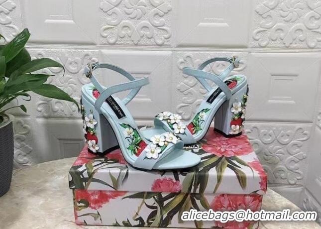 Unique Style Dolce & Gabbana High Heel Sandals 10.5cm in Printed Calfskin with Bloom Charm Light Blue 401013