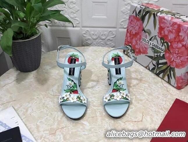 Unique Style Dolce & Gabbana High Heel Sandals 10.5cm in Printed Calfskin with Bloom Charm Light Blue 401013