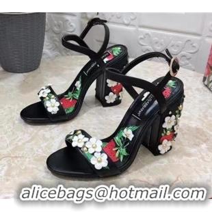 Good Looking Dolce & Gabbana High Heel Sandals 10.5cm in Printed Calfskin with Bloom Charm Black/Multicolor 401014