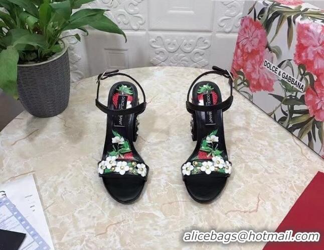 Good Looking Dolce & Gabbana High Heel Sandals 10.5cm in Printed Calfskin with Bloom Charm Black/Multicolor 401014