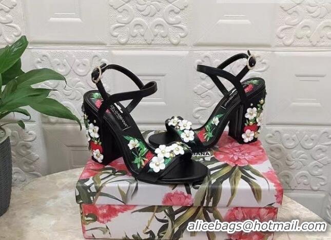 Good Looking Dolce & Gabbana High Heel Sandals 10.5cm in Printed Calfskin with Bloom Charm Black/Multicolor 401014